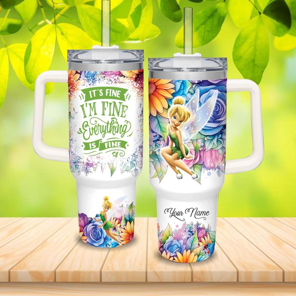 Tinker Bell Tumbler 40oz, Custom Tinker Bell Tumbler, It's Fine I'm Fine Tumbler, Tinker Bell Flower Pattern Tumbler, Gift For Her