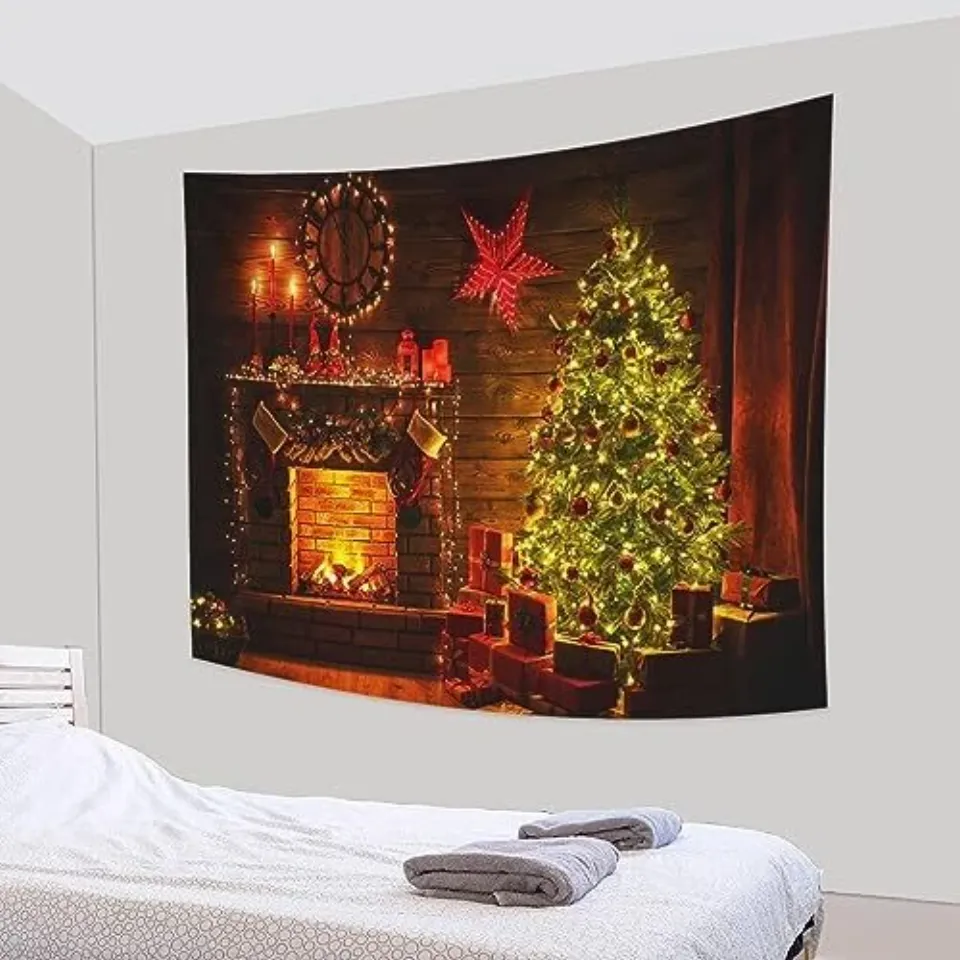 Christmas Tapestry Wall Hanging Xmas Pine Trees Fireplace