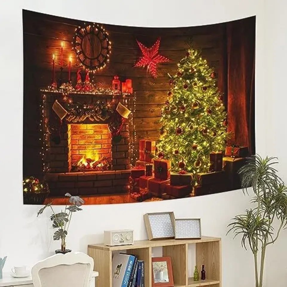 Christmas Tapestry Wall Hanging Xmas Pine Trees Fireplace