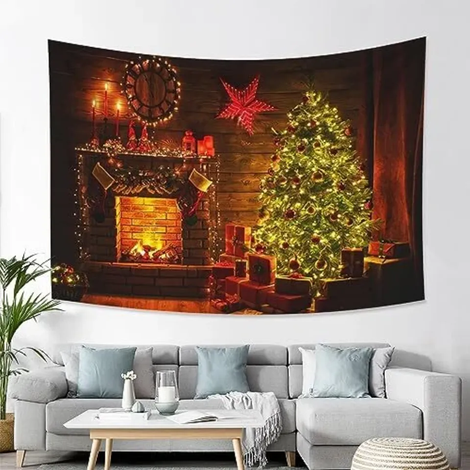 Christmas Tapestry Wall Hanging Xmas Pine Trees Fireplace