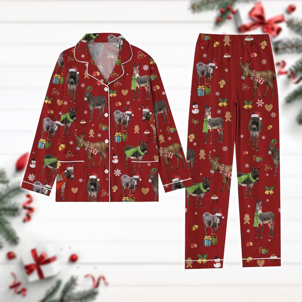 Christmas Donkey Pajamas Set, Farm Donkey Xmas Shirt, Donkey Lover Gift, Cute Animal Pjs, Christmas Pattern Shirt, Long Sleeve Pyjamas