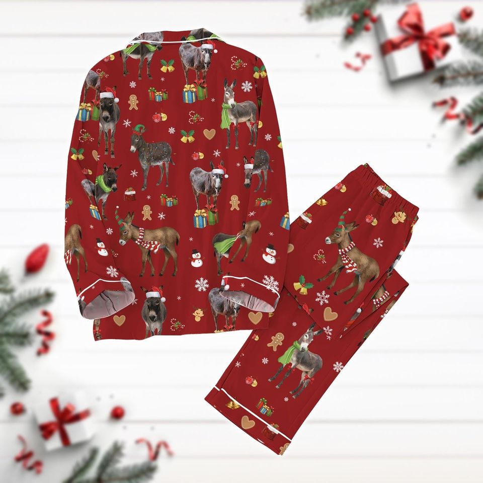 Christmas Donkey Pajamas Set, Farm Donkey Xmas Shirt, Donkey Lover Gift, Cute Animal Pjs, Christmas Pattern Shirt, Long Sleeve Pyjamas