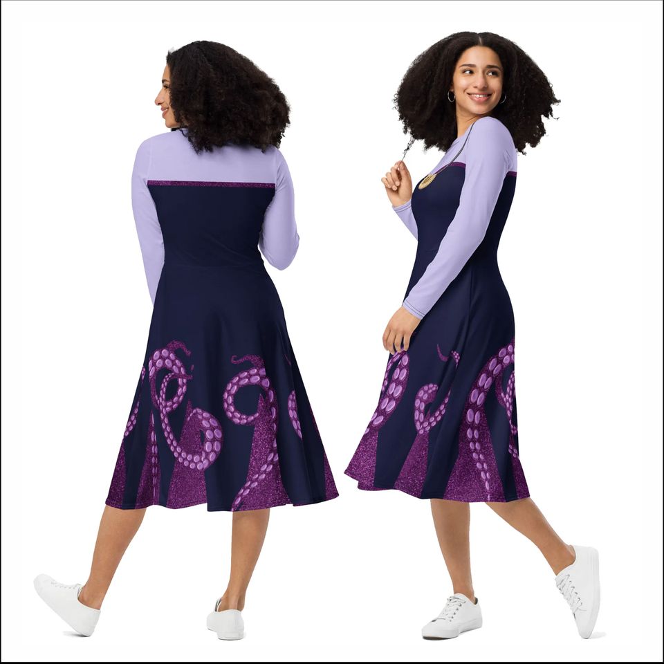 Ursula Costume Sea Witch Villain Dress Skater Long Sleeve Pocket Midi Purple Octopus Running Dance Halloween Cosplay