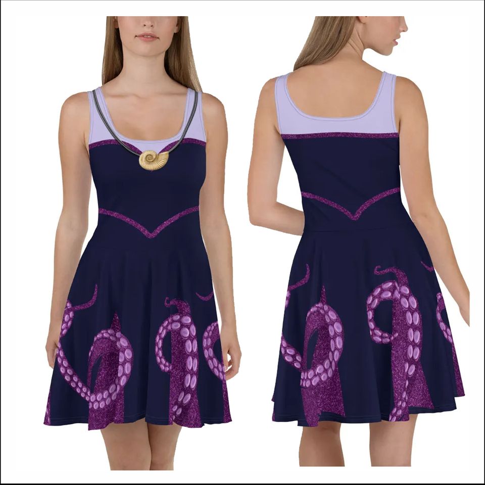 Ursula Costume Sea Witch Villain Dress Skater Long Sleeve Pocket Midi Purple Octopus Running Dance Halloween Cosplay