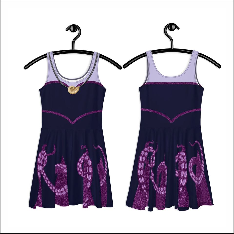 Ursula Costume Sea Witch Villain Dress Skater Long Sleeve Pocket Midi Purple Octopus Running Dance Halloween Cosplay