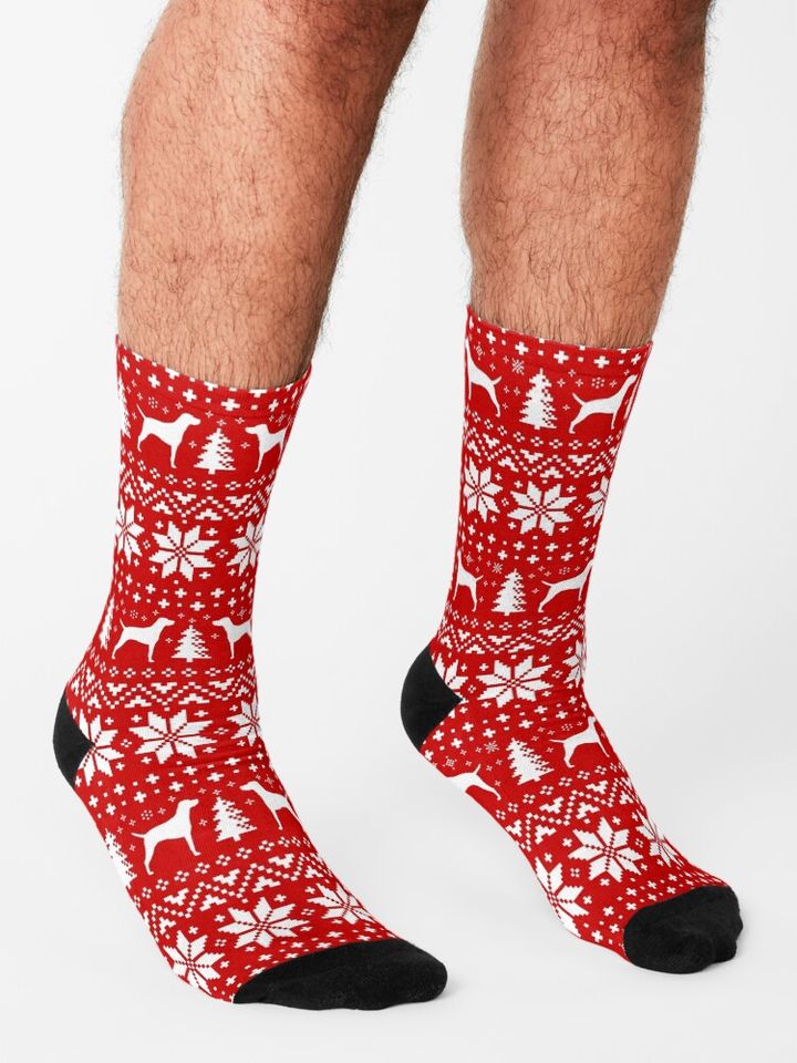Vizsla Silhouettes Red and White Christmas Holiday Pattern Socks