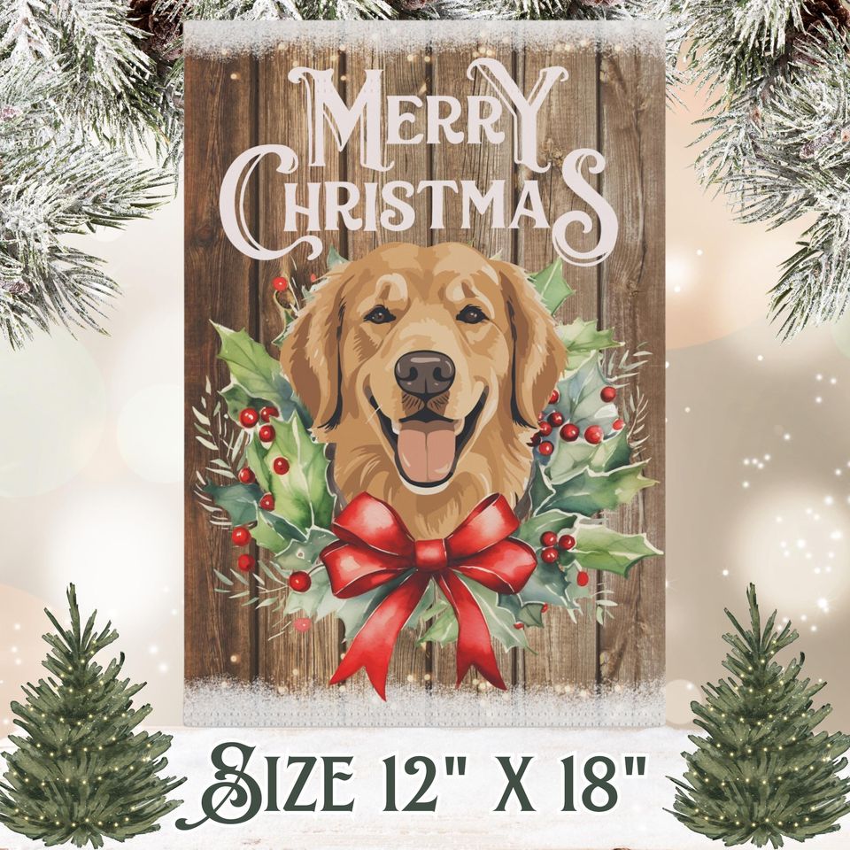 Merry Christmas Golden Retriever Garden Flag, Holiday Home Decor for Golden Lover, Rustic Farmhouse Xmas Decoration, Christmas Wreath Flag