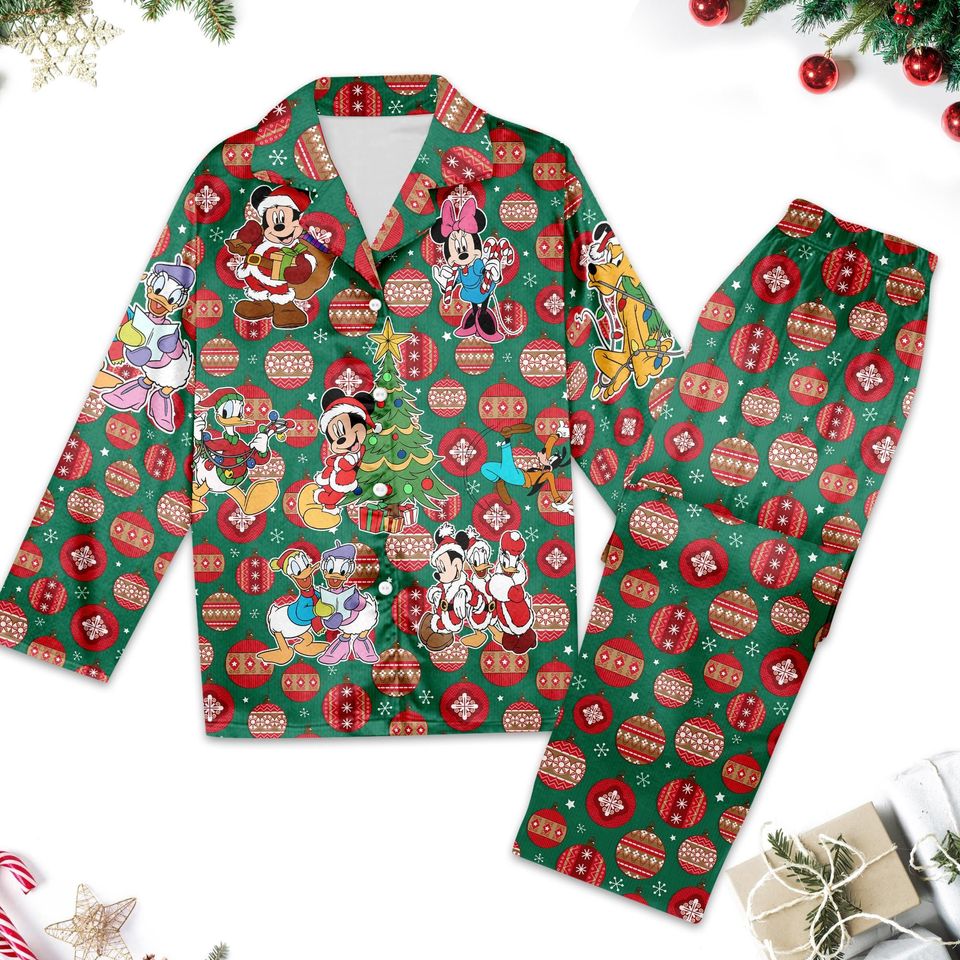 Santa Mickey Mouse Pajamas Set, Mickey & Friends Christmas Women Pajamas, Minnie Donald Goofy Button Up Shirt, Xmas Magic Kingdom Shirt