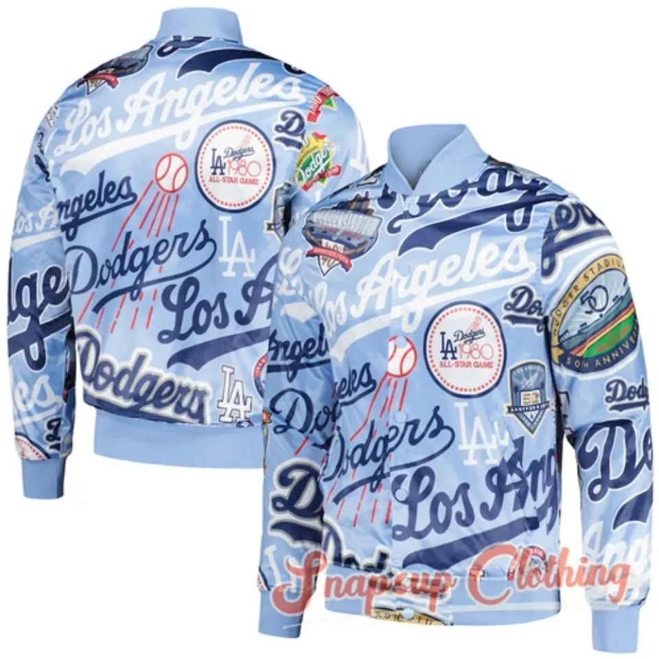 LA Dodgers Allover Print Blue World Series Champions 2024 Satin Varsity Jacket