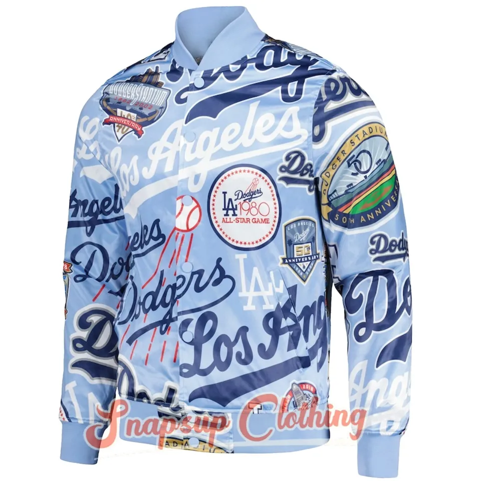 LA Dodgers Allover Print Blue World Series Champions 2024 Satin Varsity Jacket
