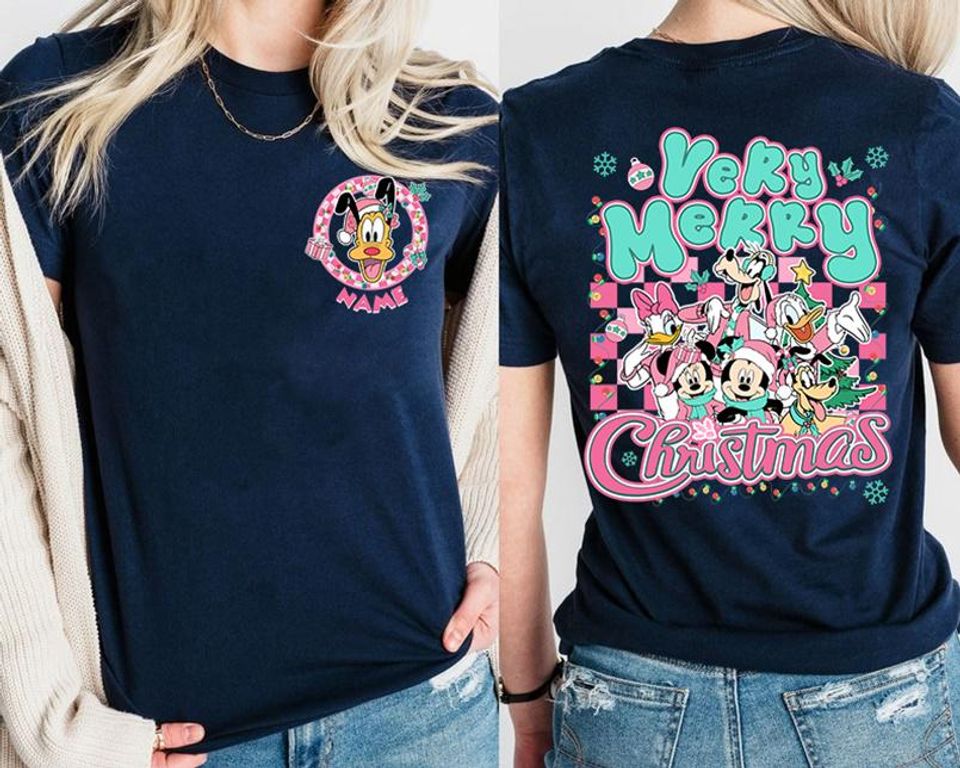 Personalized Mickey And Friends Pink Christmas Shirt, Disneyland Christmas Tees, Cute Pink Christmas Tees, Disneyland Holiday Christmas Gift