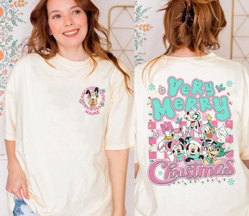 Personalized Mickey And Friends Pink Christmas Shirt, Disneyland Christmas Tees, Cute Pink Christmas Tees, Disneyland Holiday Christmas Gift
