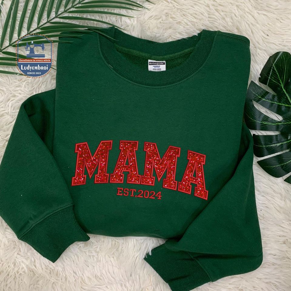 Mama Appliqu Style Embroidered Sweaters, Mama Glitter Pattern Appliqu Embroidered Sweatshirt, Custom Text Bow Side Cut Sweaters