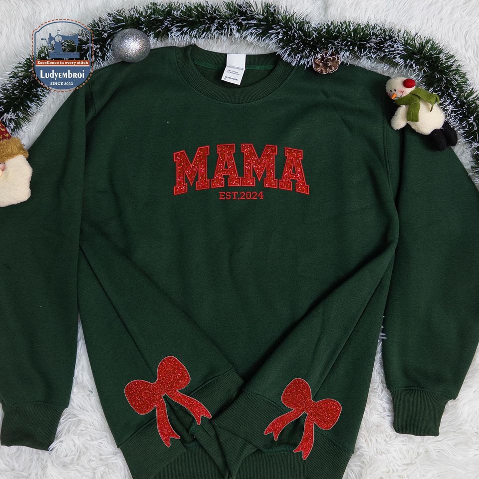 Mama Appliqu Style Embroidered Sweaters, Mama Glitter Pattern Appliqu Embroidered Sweatshirt, Custom Text Bow Side Cut Sweaters