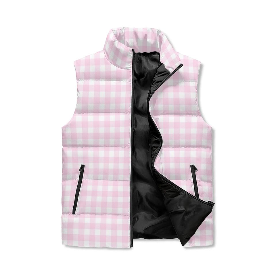 Unisex Retro Pink Gingham Puffer Sleeveless Jacket