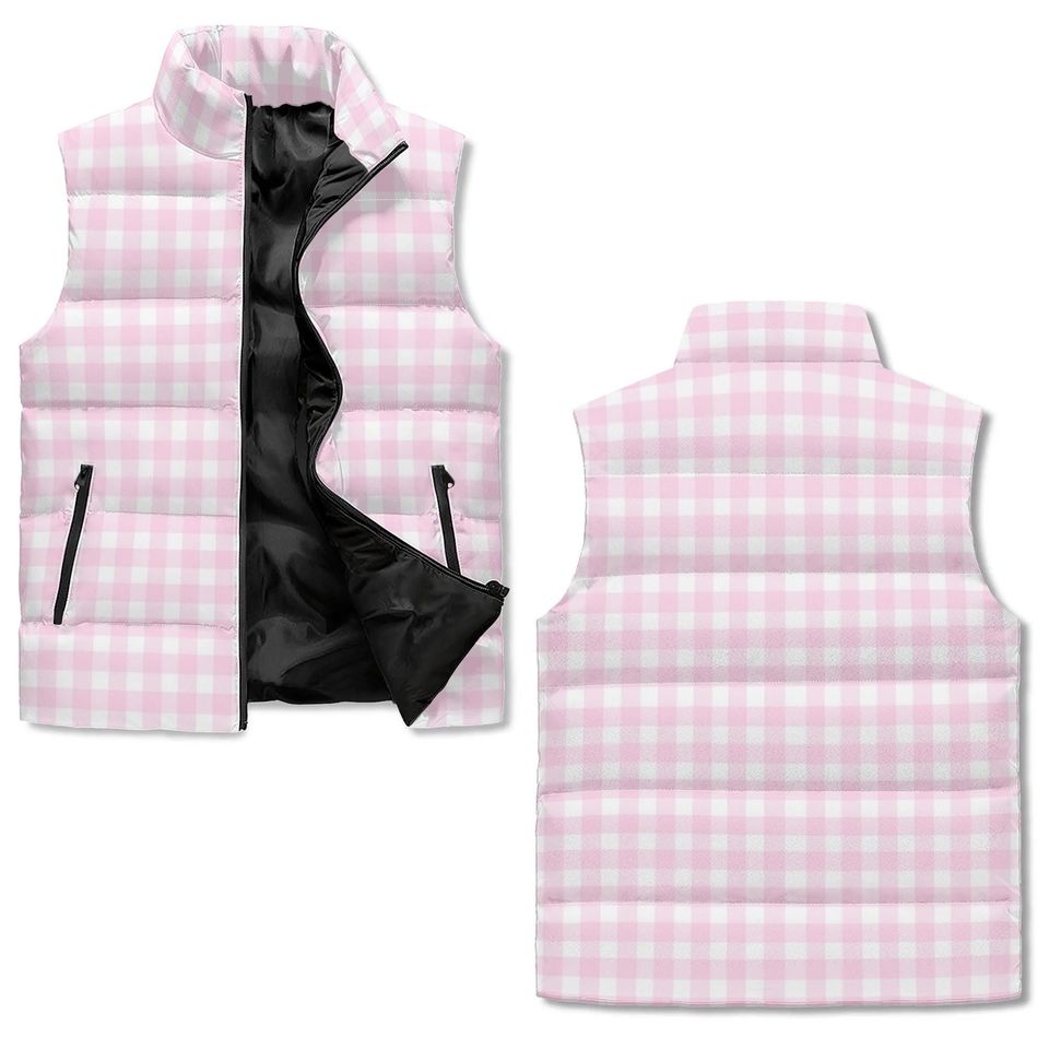 Unisex Retro Pink Gingham Puffer Sleeveless Jacket