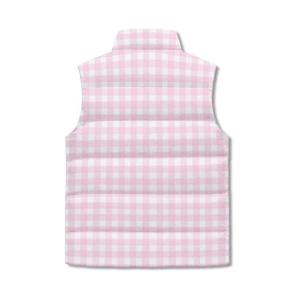 Unisex Retro Pink Gingham Puffer Sleeveless Jacket