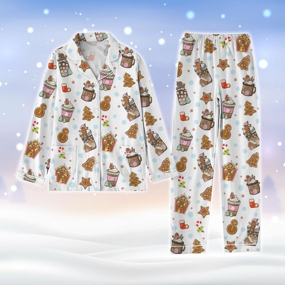 Coffee Christmas Pajamas Set, Gingerbread Man Holiday Pajamas, Christmas Tree Women Pajamas, Christmas Lights Matching Pajamas