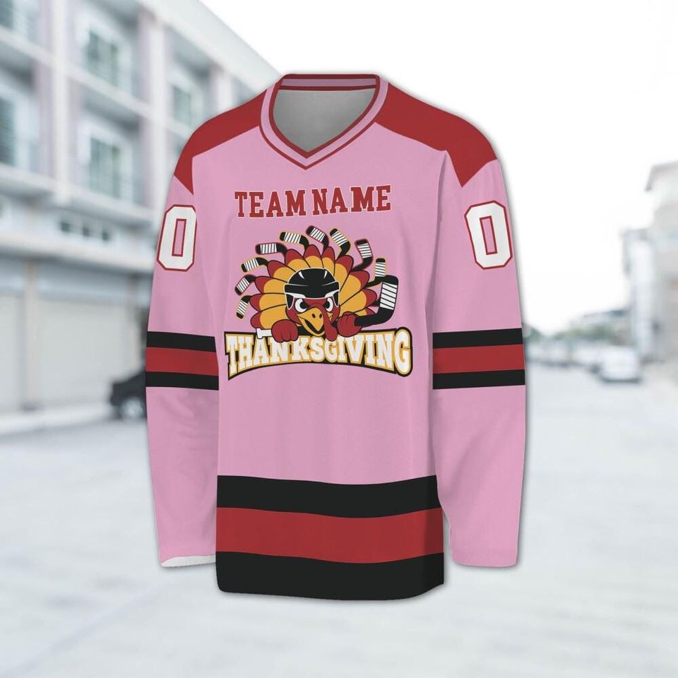 Customized hockey jersey thanksgiving Turkey logo pink basic, Team Thanksgiving Sports Jersey, Funny Custom Name Turkey Hockey