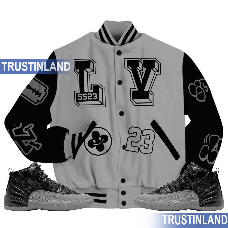Black Wolf Grey 12s Varsity Jacket, Graffiti Outfit Black All Over Print Baseball Jacket