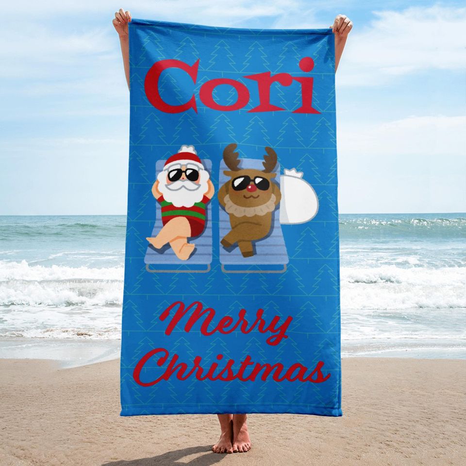 Personalized Christmas Beach Towel With Santa and Rudolph