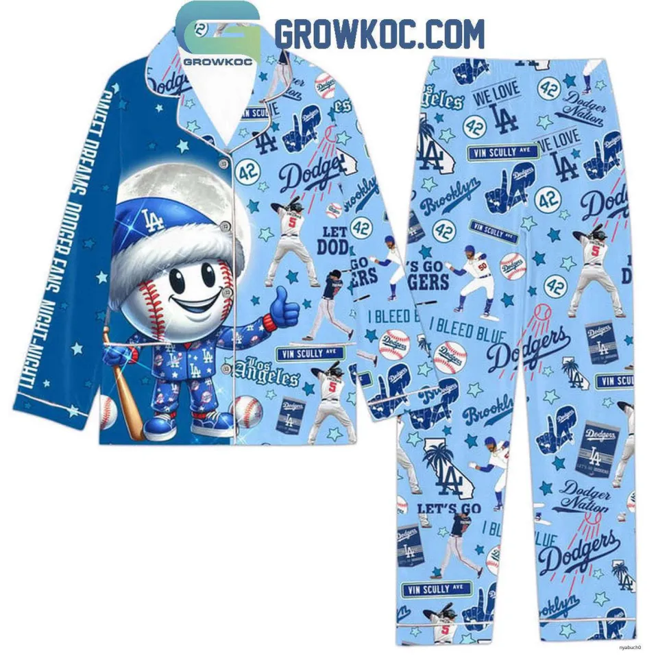 LA Dodgers I Bleed Blue 2024 Christmas Polyester Pajamas Set, Family Gift