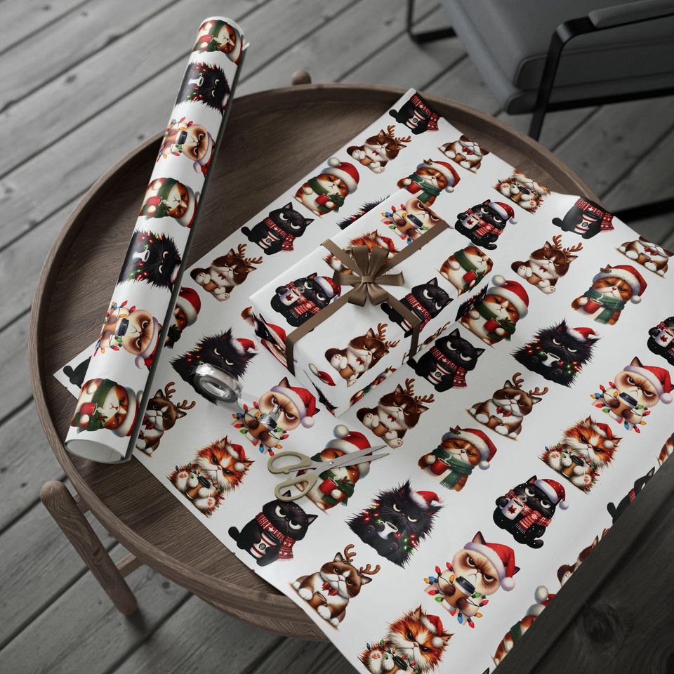 Christmas Angry Cat Coffee Pattern Wrapping Paper,Xmas Gift Wrap