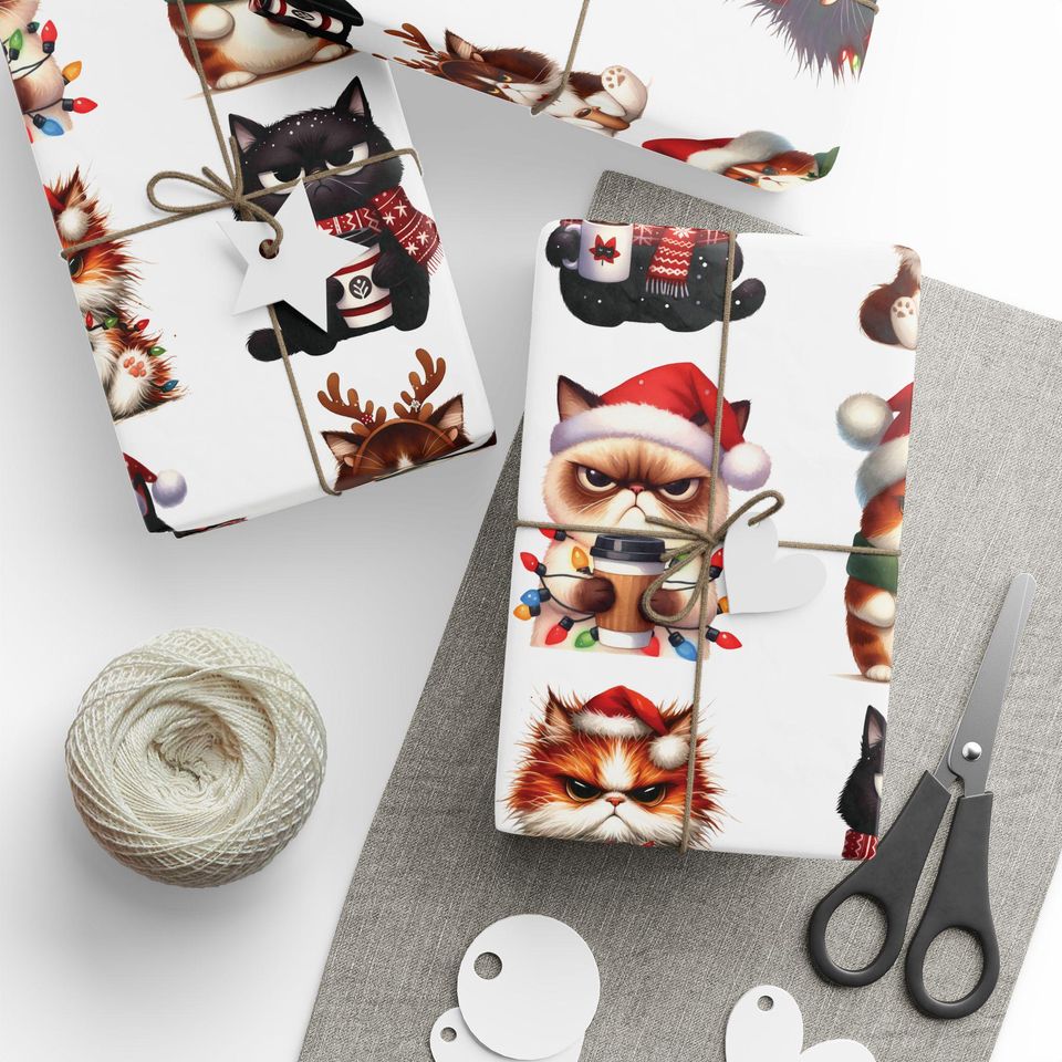 Christmas Angry Cat Coffee Pattern Wrapping Paper,Xmas Gift Wrap