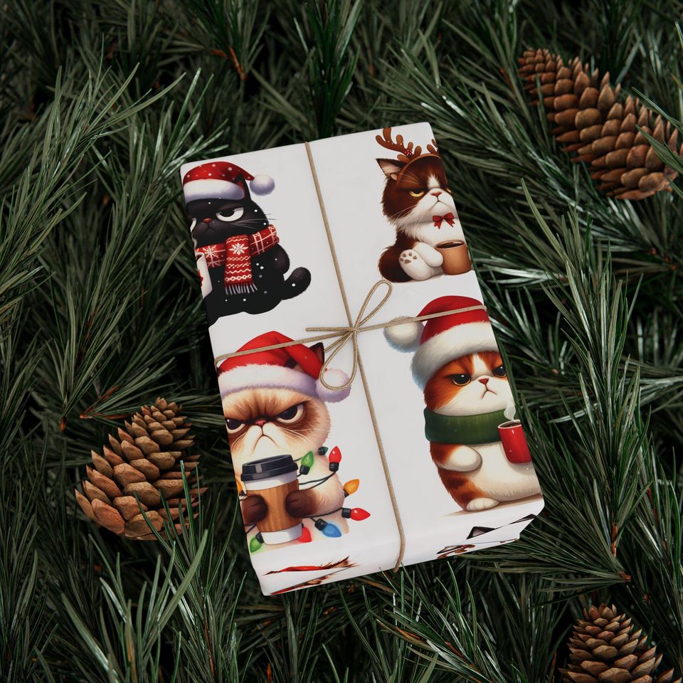 Christmas Angry Cat Coffee Pattern Wrapping Paper,Xmas Gift Wrap