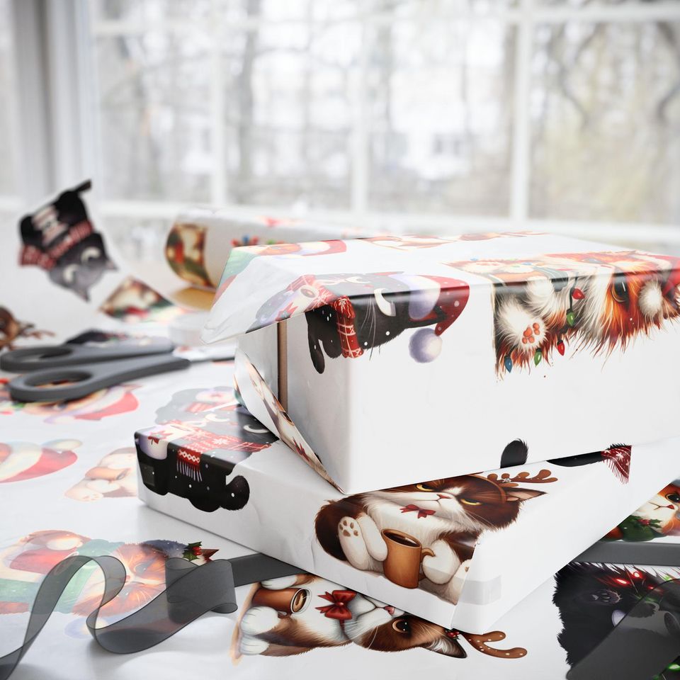 Christmas Angry Cat Coffee Pattern Wrapping Paper,Xmas Gift Wrap