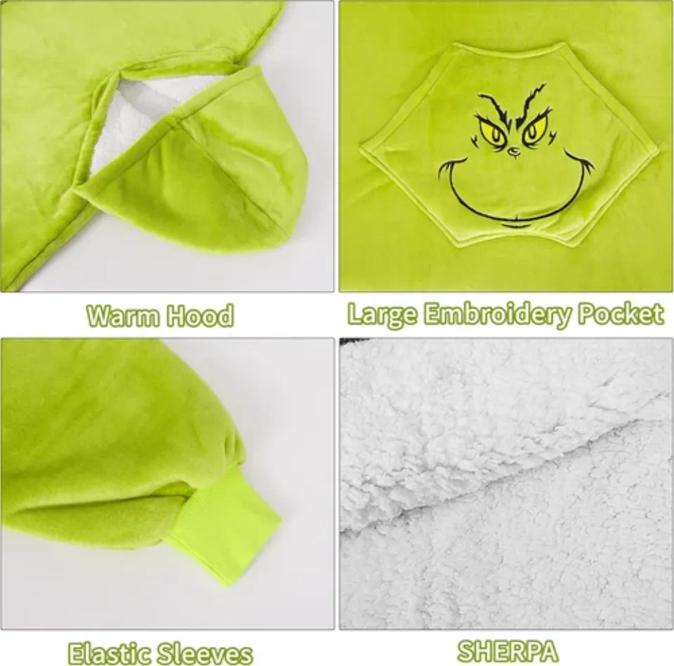 Funny Grin Christmas Wearable Blanket Hoodie for Women Men Oversized, Soft Cozy