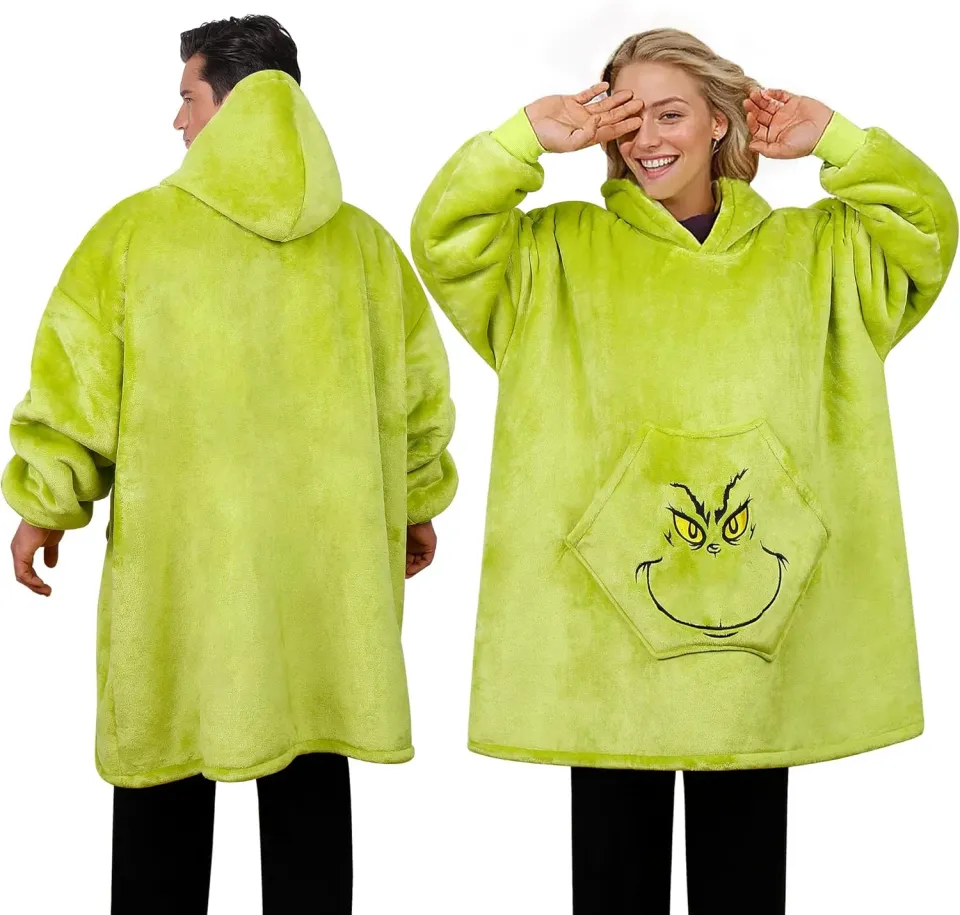 Funny Grin Christmas Wearable Blanket Hoodie for Women Men Oversized, Soft Cozy