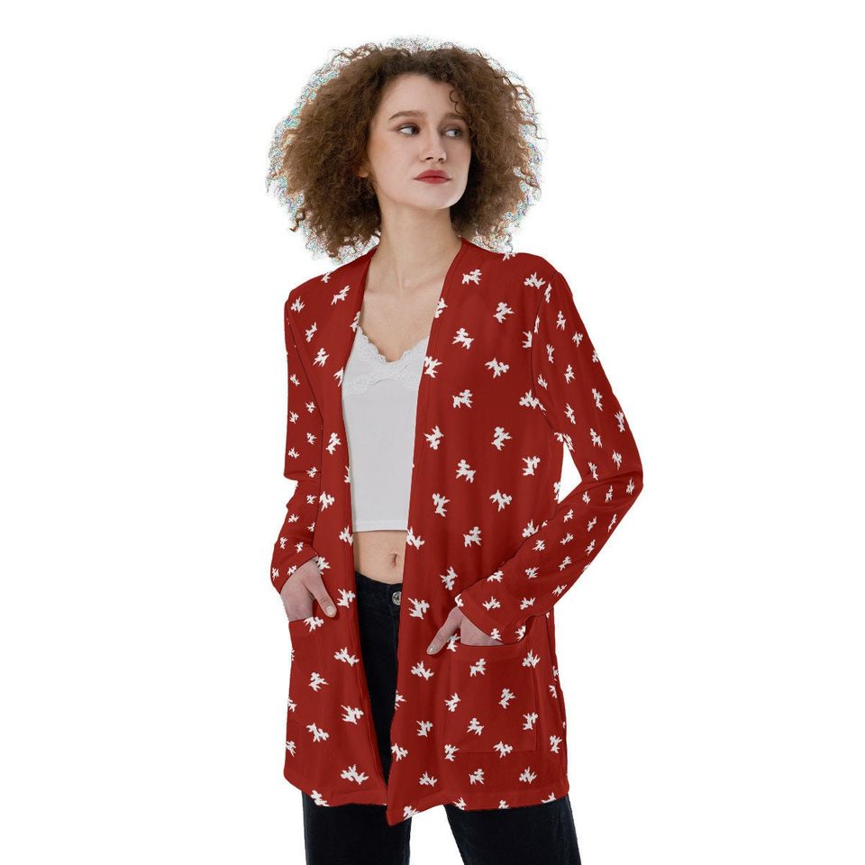 Polka-Poodles | Lipstick Red and White | All-Over Print Women's Patch Cardigan
