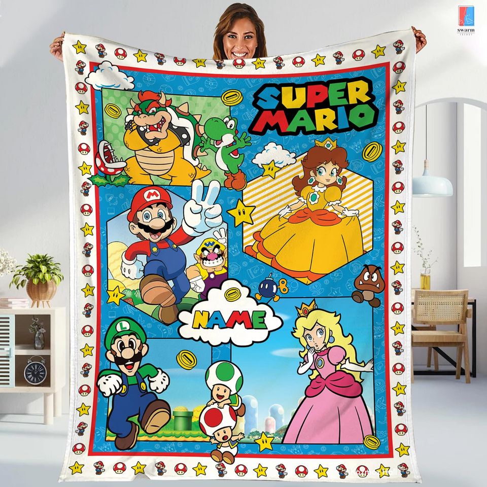 Personalized Super Mario Blanket, Custom Name Mario Blanket, Mario Bowser Luigi Princess Peach Blanket, Mario Birthday Blanket