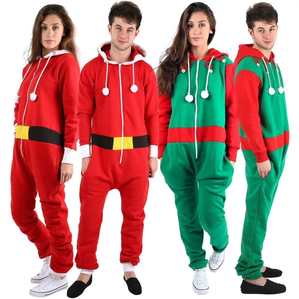 SANTA & ELF Christmas Men's Hooded Jumpsuit | Christmas Pajama Outfits | Family Matching Pajamas