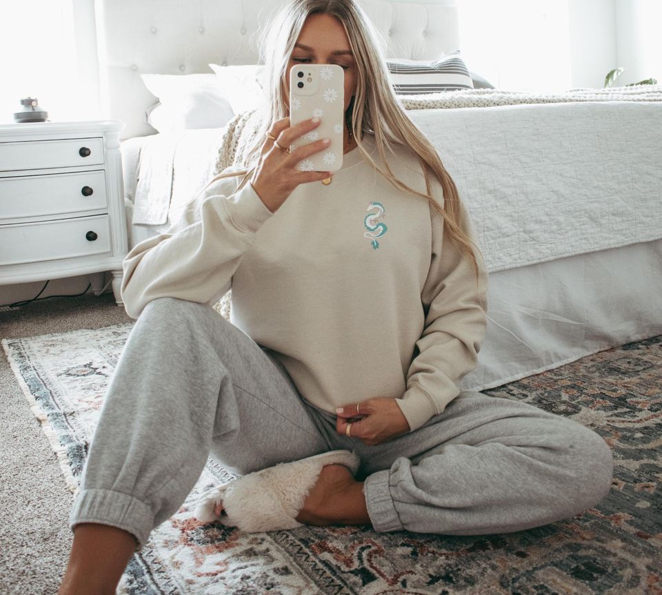 Embroidered Anime White Dragon Long Sleeve Shirt | Embroidery River Spirit Sweater | Japanese Anime Gifts | Crewneck Otaku Sweatshirt