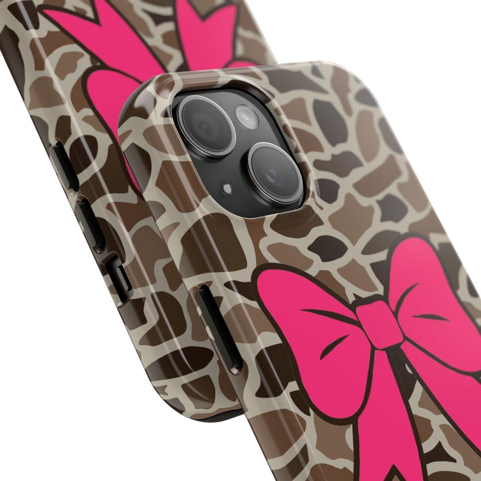 Old School Camo Tough Phone Case with Pink Coquette Bow