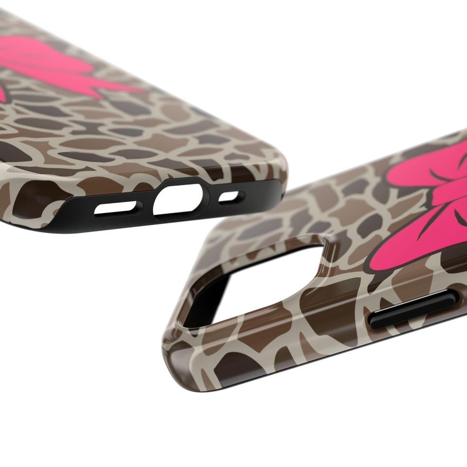 Old School Camo Tough Phone Case with Pink Coquette Bow