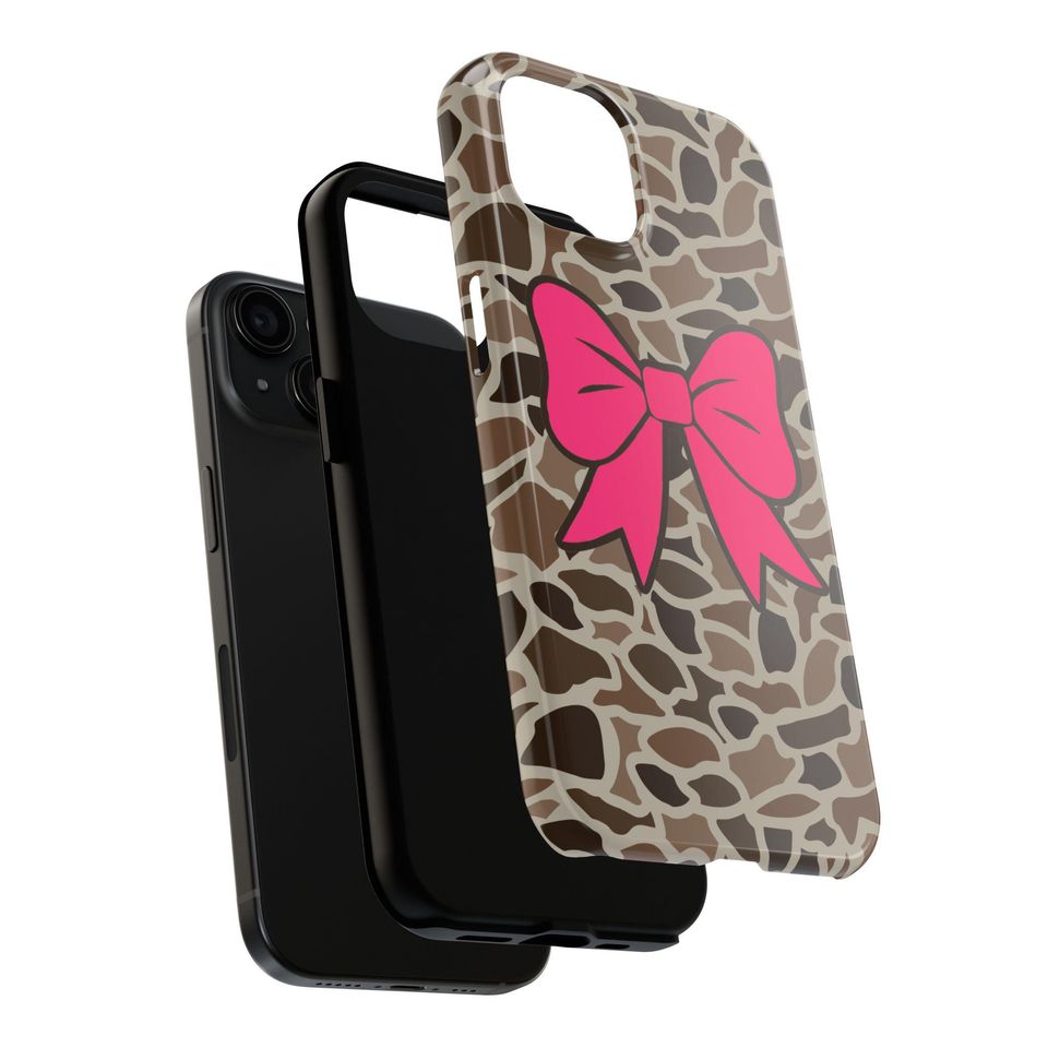 Old School Camo Tough Phone Case with Pink Coquette Bow