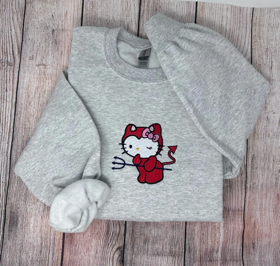 Hello Kitty Devil Embroidered Trendy Sweatshirt Crewneck Show your Style