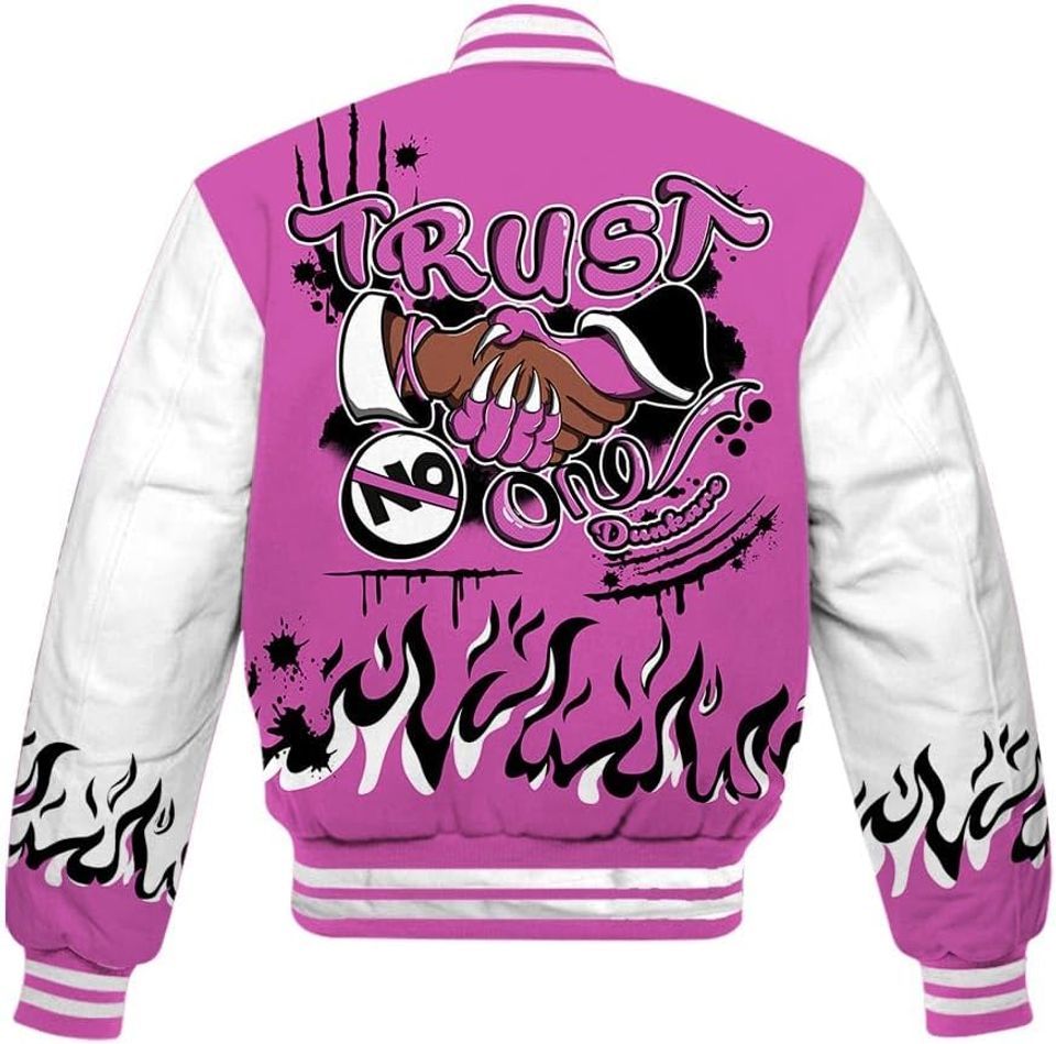 Dunkare Hyper Violet 4s Baseball Jacket, Graphic Trust No One Varsity Jacket Outfit New
