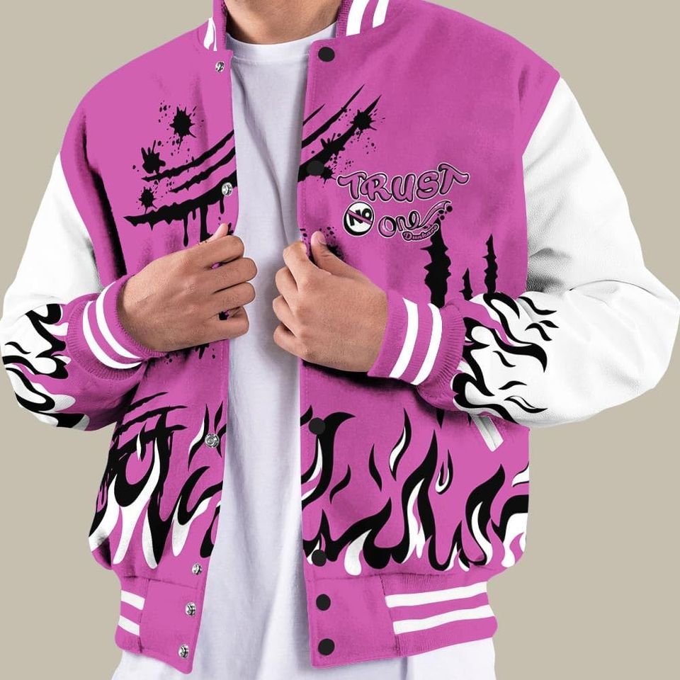 Dunkare Hyper Violet 4s Baseball Jacket, Graphic Trust No One Varsity Jacket Outfit New