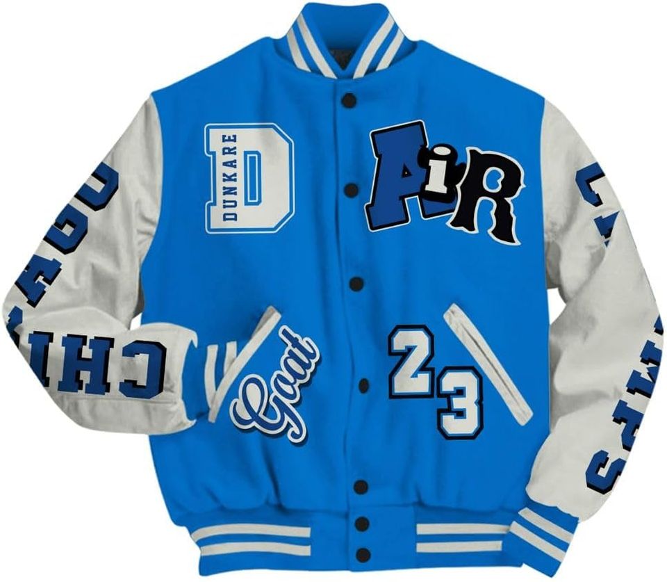 Dunkare Blueberry 12s Baseball Jacket, Chicago 23 Basketball Authentic All Over Print Letterman Jackets