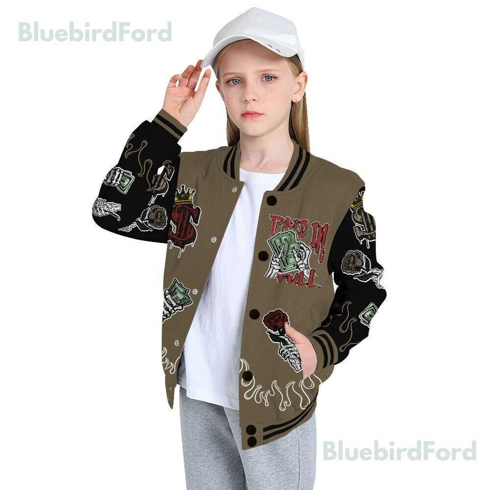 Dunkare Olive 9s Baseball Varsity Jacket, Fire Everybody Paid In All Over Print Letterman Jackets