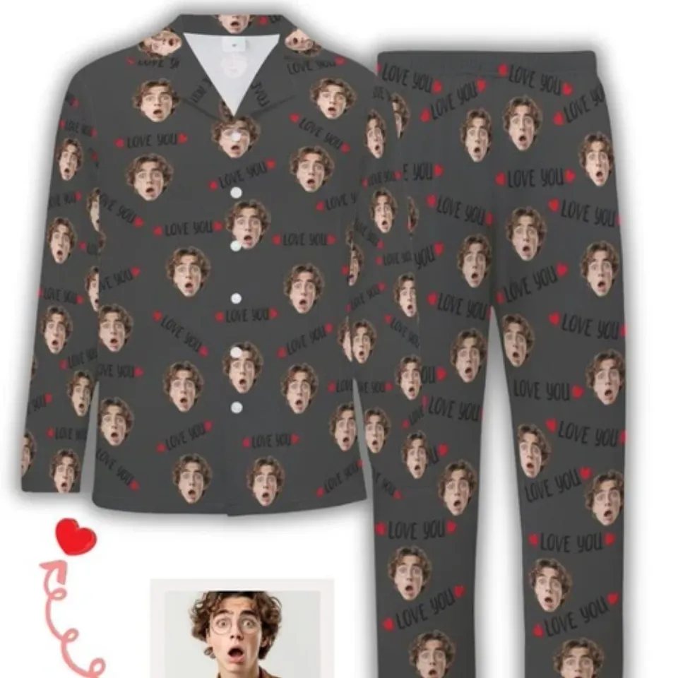 Personalized Custom Face Long Sleeve Pajama Set for Couple , Gift for Valentine