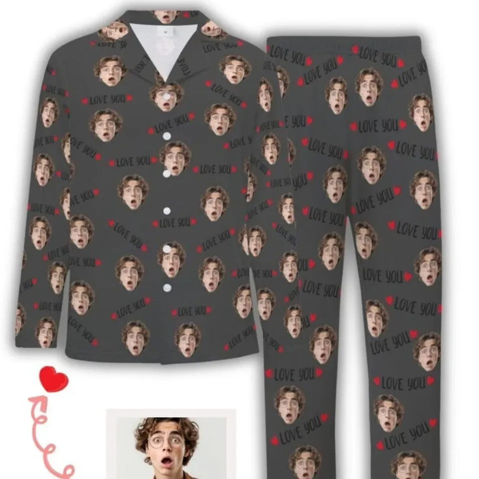 Personalized Custom Face Long Sleeve Pajama Set for Couple , Gift for Valentine