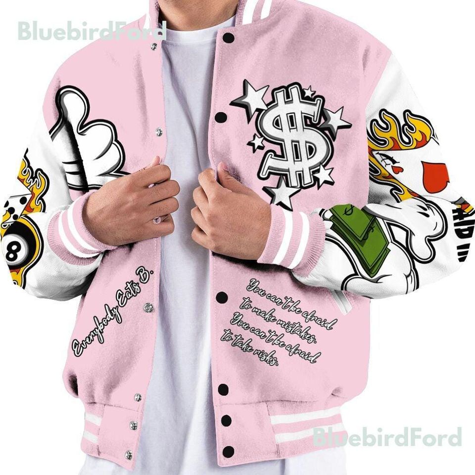 Dunkare Orchid 4s Baseball Varsity Jacket, Everybody Paid In Full Graphic All Over Print Letterman Jackets