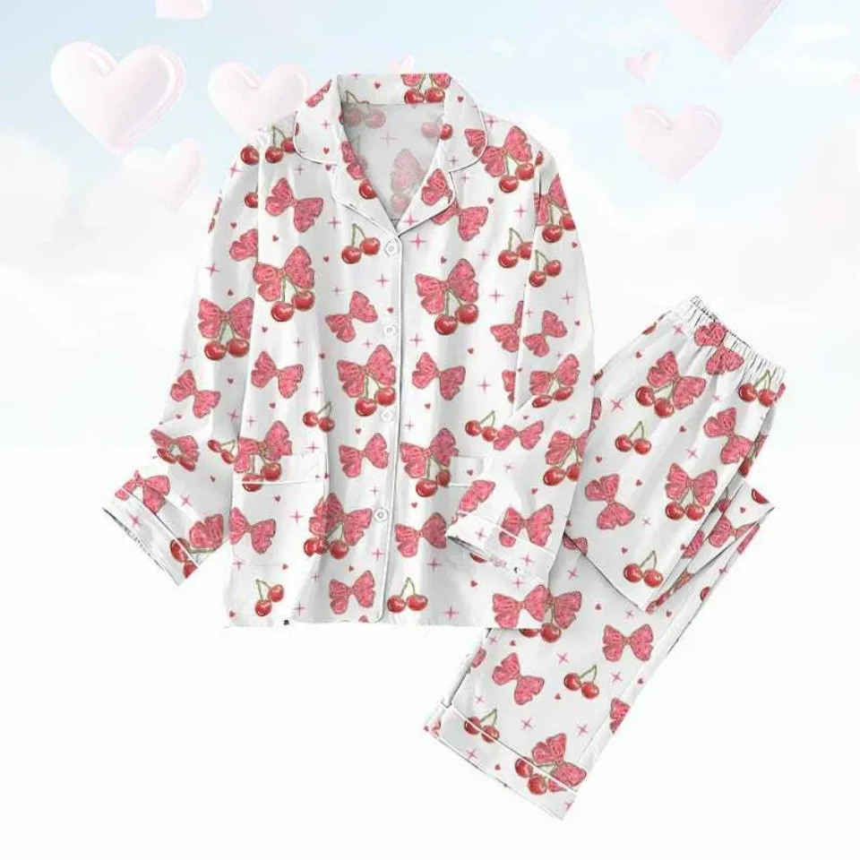Cherry Coquette Bow Women Pajamas, Valentine Gift For Her