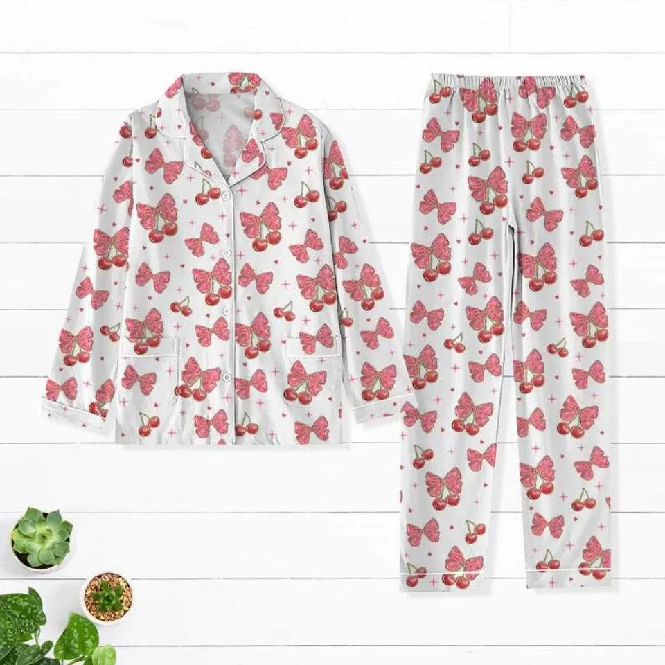Cherry Coquette Bow Women Pajamas, Valentine Gift For Her