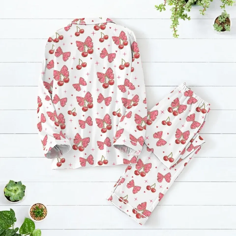 Cherry Coquette Bow Women Pajamas, Valentine Gift For Her